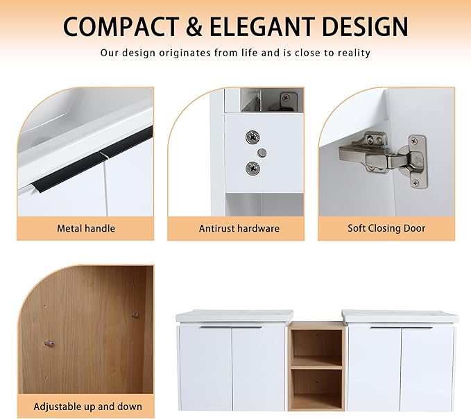 60" Bathroom Vanity with Sink, 60 Inch Floating Bathroom Vanity, Double Sink Bathroom Vanity Combo, White Wall Mounted Cabinet Set