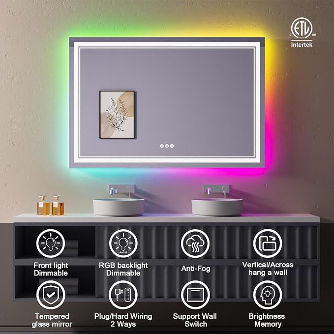 60x40 Inch RGB LED Bathroom Mirror with Lights | Front and RGB Backlit, Dimmable, Memory, Anti Fog, Shatterproof, Horizontal/Vertical, Lighted Mirrors for Bathroom Wall