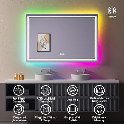 60x40 Inch RGB LED Bathroom Mirror with Lights | Front and RGB Backlit, Dimmable, Memory, Anti Fog, Shatterproof, Horizontal/Vertical, Lighted Mirrors for Bathroom Wall