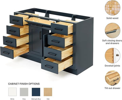 ARIEL Hepburn 54-inch Bathroom Vanity Base Cabinet,Solid Wood, 2 Soft Closing Doors, 9 Dovetail Drawers, Midnight Blue