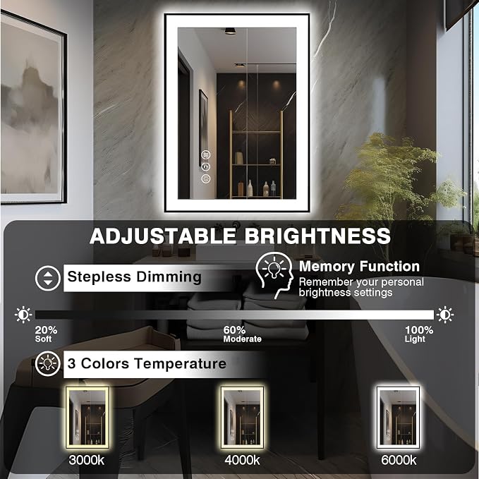 EchosLife 24x32 LED Bathroom Mirrors for Wall - Black Aluminum Framed | Black Frame, Front and Backlit, Anti-Fog, Stepless Dimmable, 3 Colors, Memory, Tempered Glass, UL Listed, Horizontal/Vertical