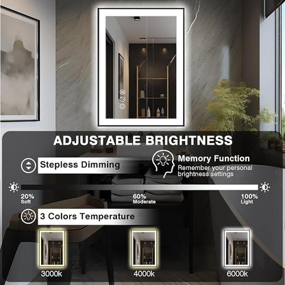 EchosLife 24x32 LED Bathroom Mirrors for Wall - Black Aluminum Framed | Black Frame, Front and Backlit, Anti-Fog, Stepless Dimmable, 3 Colors, Memory, Tempered Glass, UL Listed, Horizontal/Vertical