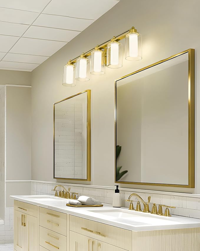 HWH 5-Light Vanity Light, Brushed Gold, Clear Glass, 30W, 5HLT63B-5W-LED BG | Dimmable, 5CCT, Modern, Bathroom Light Fixtures Vanity Lights Over Mirror, Vanity Lights for Bathroom, For Dressing Table