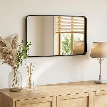 36x24 Inch Bathroom Mirror for Over Sink, Vanity Mirror | Metal Framed Rounded Rectangle,for Wall, Farmhouse, Restroom, Anti-Rust, Horizontal or Vertical Hanging, Black