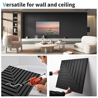 Art3d 12-Pack 2 x 2 ft 3D Textured Drop Ceiling Tiles, 24 x 24 in, Black | PVC, Lightweight, No Sag and Breakage, Compatible with Grid System, Perfect for Basement, Kitchen & Bathroom