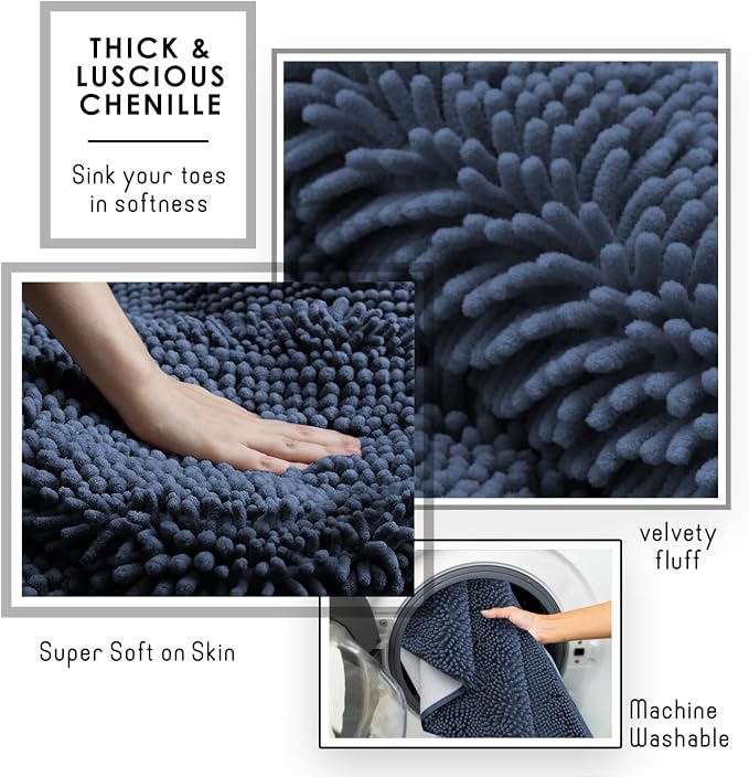 Hearth & Harbor Bathroom Rugs, Chenille Bath Mat - Machine Washable Bath Mats for Bathroom Non-Slip Backing Rubber, Quick Dry Bathroom Mat
