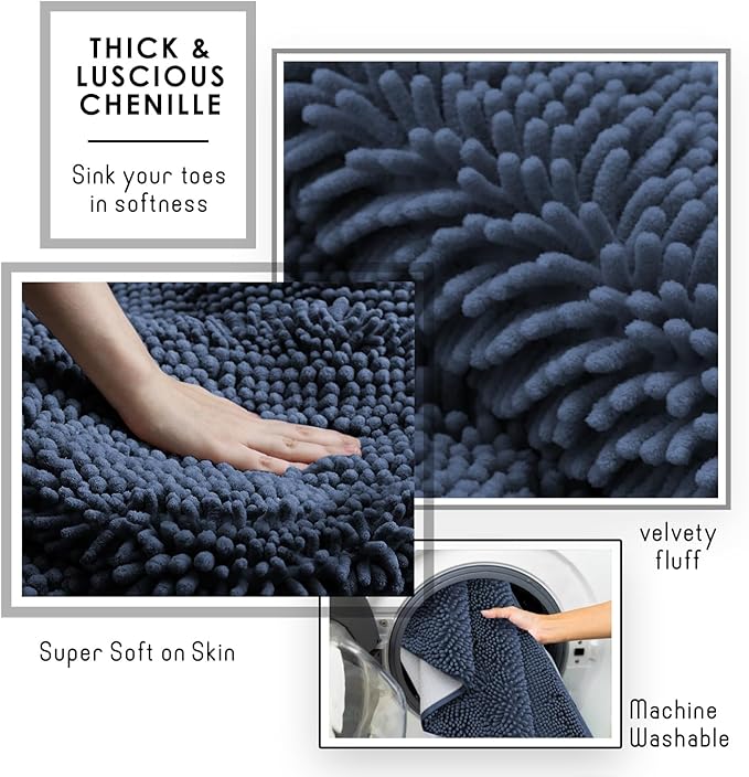 Hearth & Harbor Bathroom Rugs, Chenille Bath Mat - Machine Washable Bath Mats for Bathroom Non-Slip Backing Rubber, Quick Dry Mat - Navy Blue Bath Rug, 17x24-26x44-20x24