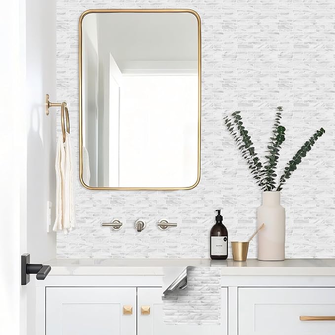 Tilingview 10PCS Peel and Stick Tile for Kitchen Backsplash, Strips Design Self-Adhesive Vinyl Tile, Plastic Wall Sticker (White Marble)