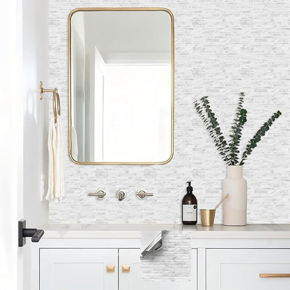 Tilingview 10PCS Peel and Stick Tile for Kitchen Backsplash, Strips Design Self-Adhesive Vinyl Tile, Plastic Wall Sticker (White Marble)