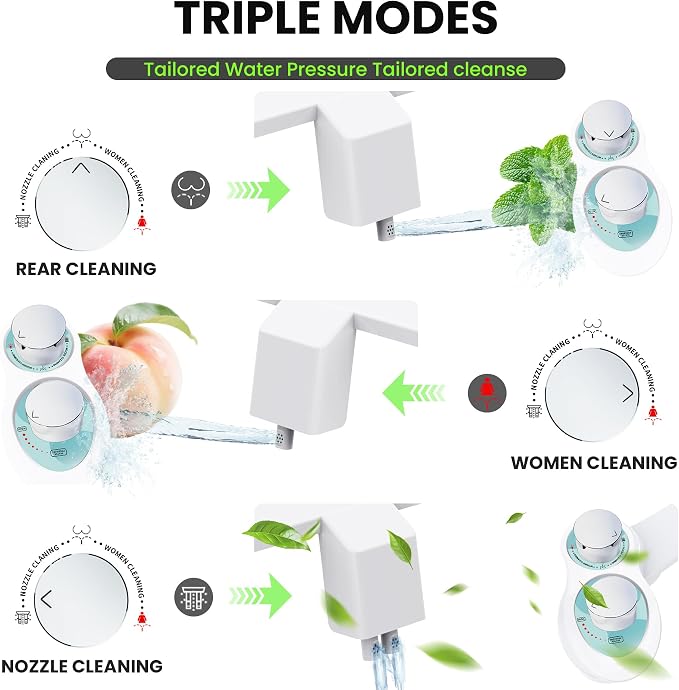 RV Bidet Toilet Seat Attachment, RV Bidet for Camper Toilet with Dual Nozzles, Self/Rear/Front Cleaning, Non-Electric, Adjustable Water Pressure, Fresh Water