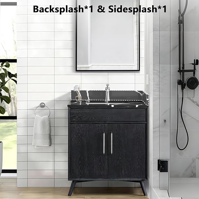 30 in. W x 22 in D Quartz Vanity Top in Black Marquina,with One Sidesplash & One Backsplash, Vanity Sink Top with Assembled Single Drop-in Sink, Pre-Drilled Single Faucet Hole Countertop