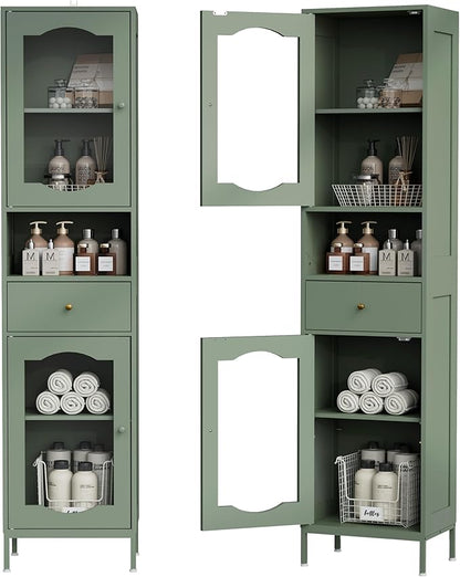 66.4" Tall Bathroom Storage Cabinet with Adjustable Shelves and Glass Doors, Anti-Tipping Narrow Cabinet, Linen Cabinet for Bathroom, Kitchen, Living Room, Olive Green