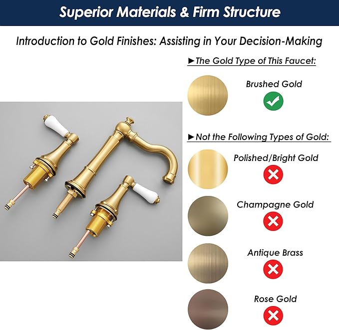 Porcelain Brushed Gold Bathroom Faucet 8 inch Widespread for 3 Holes with Plastic Pop-Up Drain & 2Pcs Water Supply Lines, Classical 2-Handle Gold Vanity Sink Faucets, 360° Swivel Brass Spout