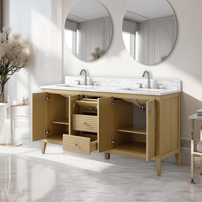 Vanity Art 60 inch Oak Bathroom Vanity with Double Sink & Ceramic Top, Vanity Cabinet with Soft-Closing Door, Solid Wood Frame, Linear Pattern, Natural Oak, VA9160-DNO-MB,Matte Black Handles