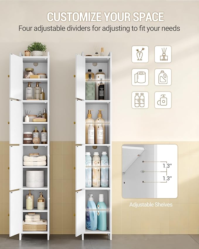 Bathroom Storage Cabinet, Tall Corner Floor Cabinet with 4 Doors and Adjustable Shelf, Narrow Toilet Paper Cabinets, Bathroom Organizer for Small Spaces, 11" D x 11" W x 70.9" H White