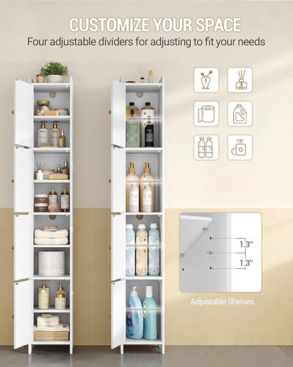 Bathroom Storage Cabinet, Tall Corner Floor Cabinet with 4 Doors and Adjustable Shelf, Narrow Toilet Paper Cabinets, Bathroom Organizer for Small Spaces, 11" D x 11" W x 70.9" H White