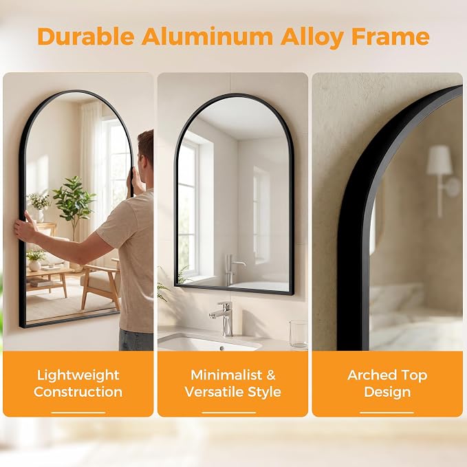 OLIXIS 26x38 Inch Arched Black Bathroom Mirrors for Over Sink, Wall Mirror | Wall Mirror, Arch Bathroom Vanity Mirror with Matte Metal Frame and Tempered Glass for Home Decor, Living Room, Shatterproof