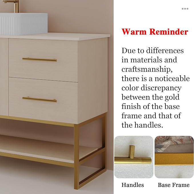 KEIKI 47" Bathroom Vanity with Sink, Modern Freestanding Vanity Cabinet with Ceramic Vessel Sink, Oak Wood Finish, Soft Closing Doors & Drawers, Gold Accent Base, White