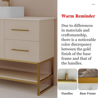 KEIKI 47" Bathroom Vanity with Sink, Modern Freestanding Vanity Cabinet with Ceramic Vessel Sink, Oak Wood Finish, Soft Closing Doors & Drawers, Gold Accent Base, White