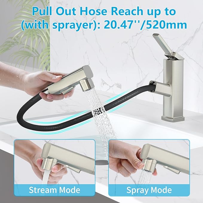 MIAOHUI Pull Out Single Hole Bathroom Faucet, 3 Spray Mode Single Handle Bathroom Faucets for Sink 1 Hole, Bathroom Sink Faucet with Pull Down Sprayer, Vanity Faucet with Fountain Mode, Brushed Nickel