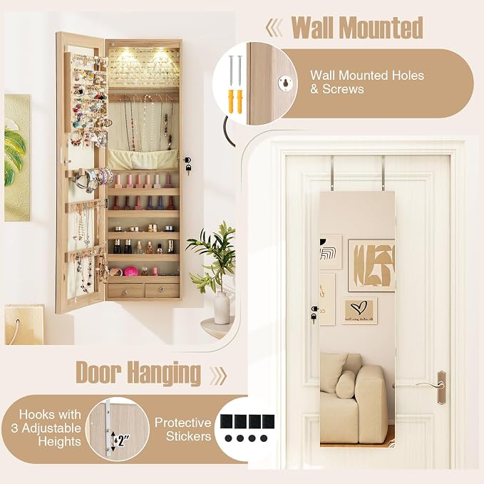 LDAILY Moccha Wall Door Jewelry Armoire, 47.5" H Full Length Mirrored Jewelry Cabinet with 2 LED Lights and 2 Drawers, Lockable Jewelry Cabinet, Jewelry Organizer Storage for Bedroom (Light Oak)