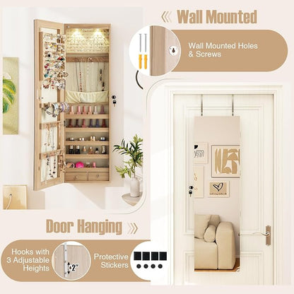 COSTWAY Wall Door Mounted Jewelry Armoire with 47.5" Full Length Mirror & 2 LED Lights, Large Storage Capacity, Lockable Mirror Jewelry Cabinet for Women Girls (Light Oak)