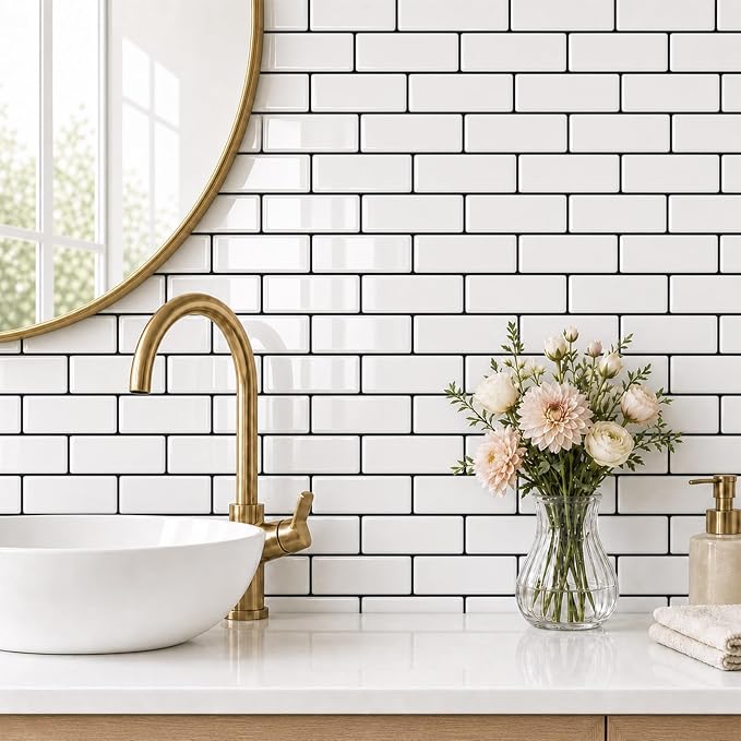 Peel and Stick Backsplash for Kitchen, 3D Subway Thicker 10 Tiles | 12''x12'' Self Adhesive Back Splash for Kitchen, Bathroom, White With Black Grout