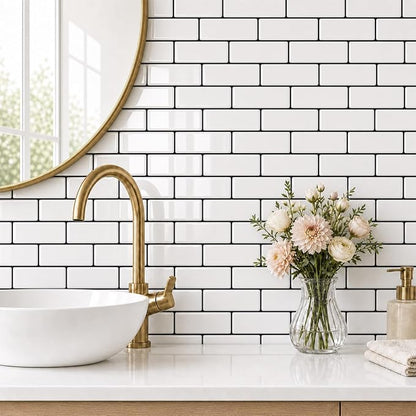 Peel and Stick Backsplash for Kitchen, 3D Subway Thicker 10 Tiles | 12''x12'' Self Adhesive Back Splash for Kitchen, Bathroom, White With Black Grout