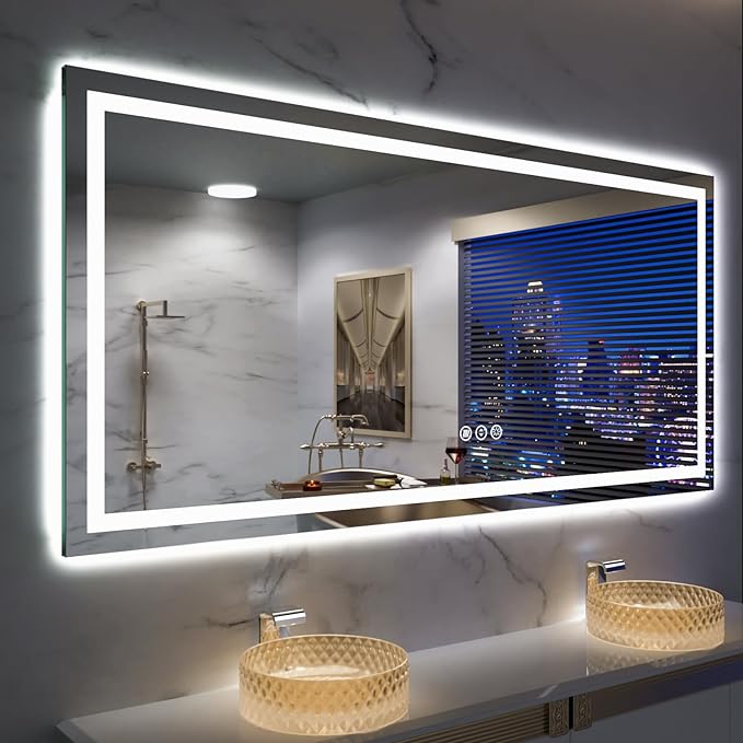 LED Mirror for Bathroom, 72"x40" with Front Light and Backlight | Stepless Dimmable, Anti-Fog, Shatter-Proof, HD Reflection, Memory, 3 Colors Lighting, UL Listed (Horizontal/Vertical).