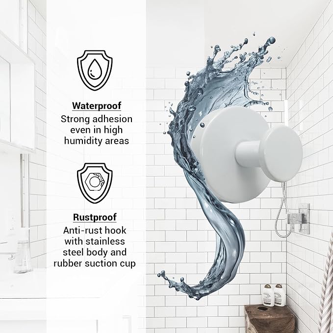 Suction Cup Hooks for Shower - 2 Pack, White - Stainless Steel, Strong Suction, No Drill, Removable Hanger, Tile Bathroom Kitchen Wall, Glass Door, Mirror Hook Hanging Robe, Towel Holder