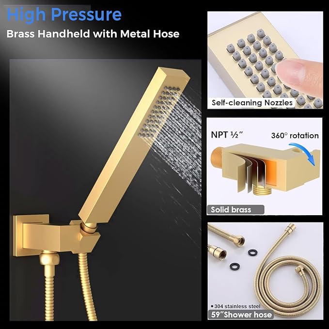 Luxury 20x14in LED Rainfall Mist Dual Shower System Can Run Togther | Brushed Gold 4-way Thermostatic Digital Display Brass Valve, Ceiling Flush Showerhead and 6in Tilt Shower, Brass Handheld