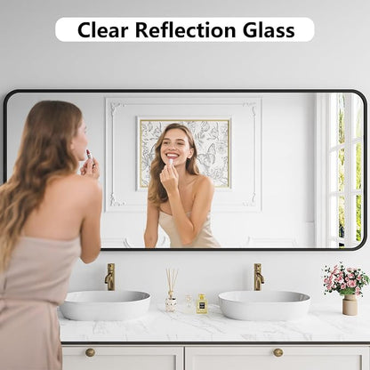 Koonmi Bathroom Mirror, 32X72 Brushed Black Rectangle Wall Mirror, HD Tempered Glass, Anti-Rust Frame Vanity Mirror, Rounded Rectangle Mirror for Restroom, Bedroom, Hangs Horizontal or Vertical