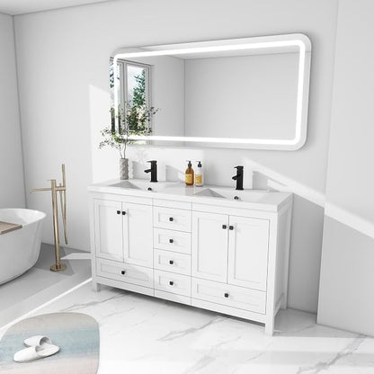 LUCKWIND 60" Bathroom Vanity and Sink Combos, Modern Bathroom Storage Painted Cabinet with Undercounter Resin Dual Sink Top, Matte Black Faucet and 6 Drawers, Mirror Not Included, White