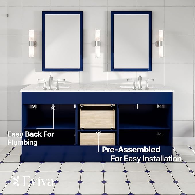 Eviva Epic 72 in. Blue Double Sink Bath Vanity with Carrara Quartz Top and Undermount Porcelain Sinks