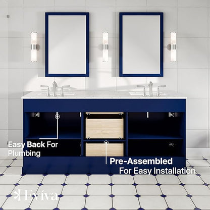 Eviva Epic 72 in. Blue Double Sink Bath Vanity with Carrara Quartz Top and Undermount Porcelain Sinks