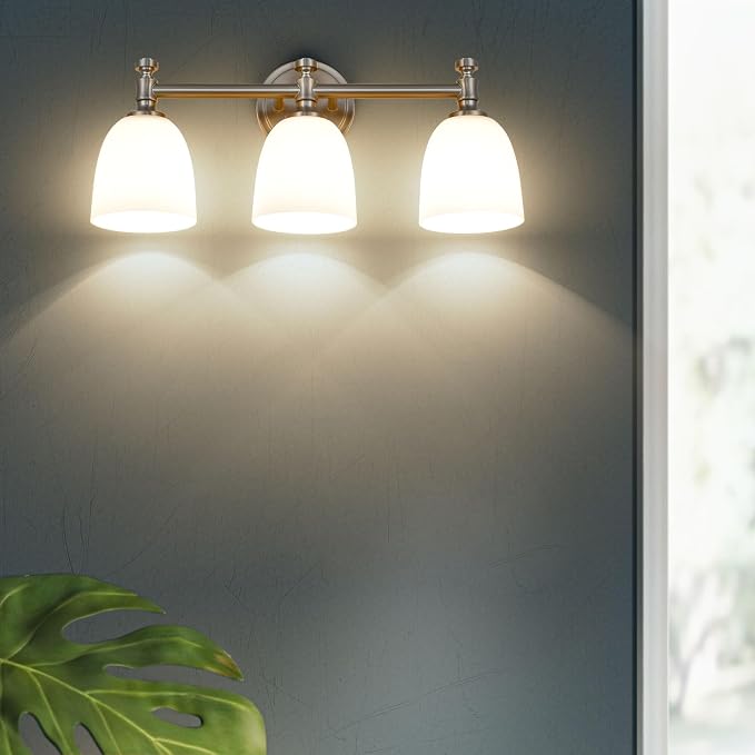 Bathroom Vanity Light, 3-Light Bathroom Light Fixtures Over Mirror, Traditional Vanity Lights for Living Room, Milk White Bell Glass Shades, Standard E26 Base, Brushed Nickel