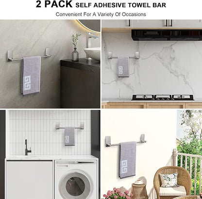 NearMoon Self Adhesive Bathroom Towel Bar- Stainless Steel Bath Wall Shelf Rack Hanging Towel Stick On Sticky Hanger Contemporary Style, NO Drilling (2 Pack, Brushed Nickel, 12-Inch Towel Rack)