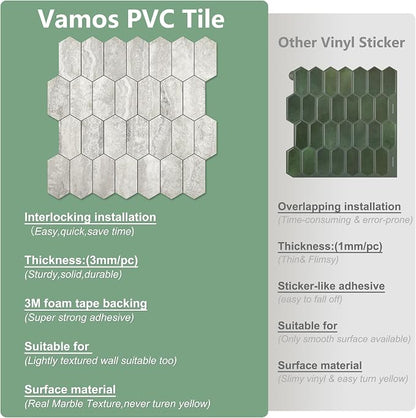 Vamos Tile Long Hexagon Peel and Stick Backsplash Tile - 10 Sheets Stick on Backsplash for Kitchen and Bathroom 12.4 x 12 Inch Beige Slate Look PVC Self Adhesive Mosaic Wall Tiles