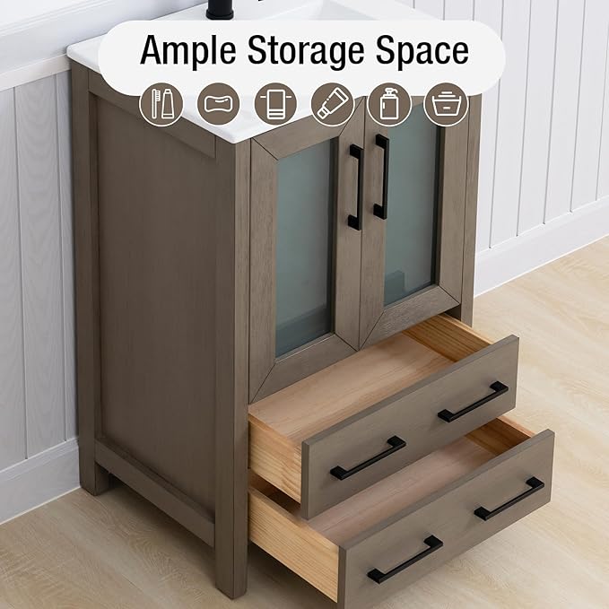 HOMEBEYOND 24 Inch Modern Bathroom Vanity with Sink & Mirror, Single Vanity Cabinet with Basin and Mirror, Dove-Tailed Drawers, Soft-Closing Doors, Wood, Driftwood Gray
