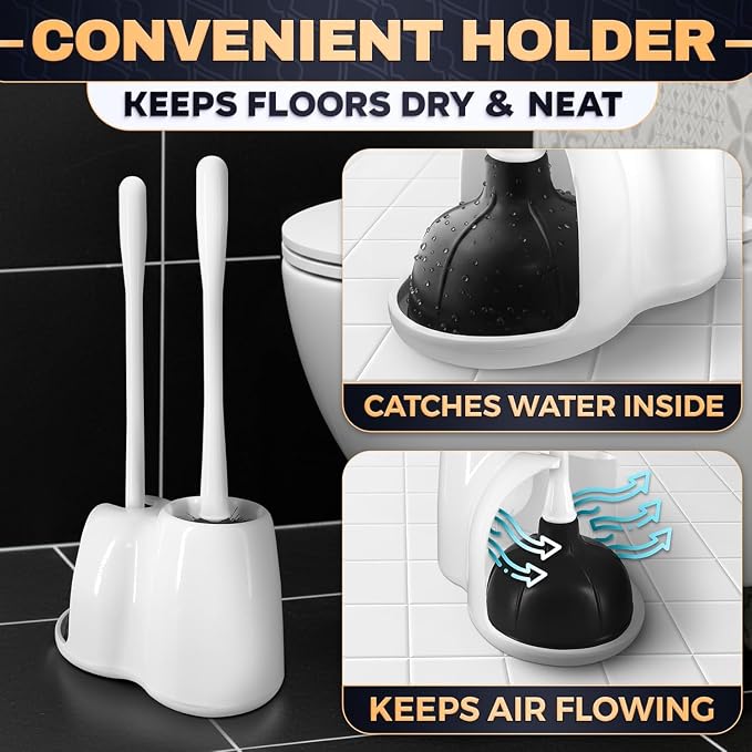 15.2" Toilet Brush and Plunger Set with Holder, Nylon Bristles, (White) | Toilet Bowl Brush, Holder and Plunger, Easy to Place and Simple to Store After Use, Compact Accessory for Small Spaces