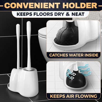 15.2" Toilet Brush and Plunger Set with Holder, Nylon Bristles, (White) | Toilet Bowl Brush, Holder and Plunger, Easy to Place and Simple to Store After Use, Compact Accessory for Small Spaces
