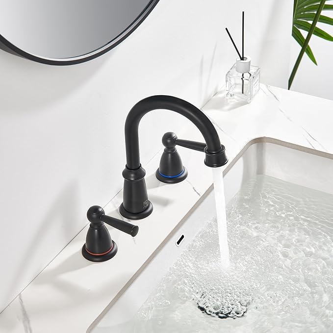 Matte Black Bathroom Faucet 3 Hole, 8-Inch Widespread Bathroom Faucet for Sink 2 Handles Vanity Restroom Faucet with Pop-Up Drain and Supply Hoses, Black