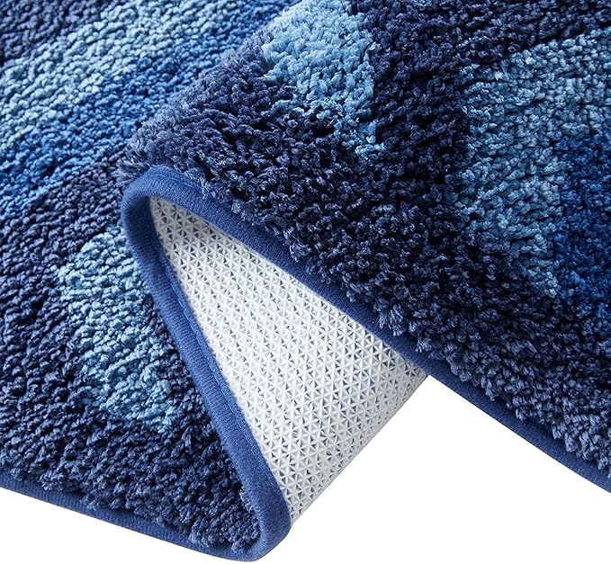 Hearth & Harbor Bathroom Rugs, Shaggy Plush Bath Mat, Ultra Soft Non Slip Backing Rubber, Chevron Design Bath Rug, Blue, 17 x 24 Inch