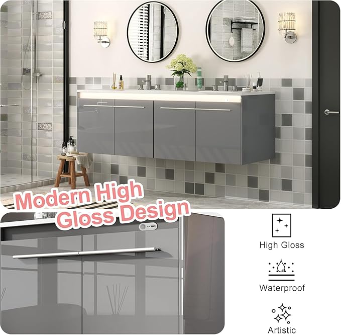 60-Inch Double Sink Floating Vanity with Human Sensor LED, High Gloss Wall Mounted Bathroom Vanity with Sink, Modern Bath Sink Vanity Cabinet with Metal Handles, Gray