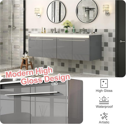 60-Inch Double Sink Floating Vanity with Human Sensor LED, High Gloss Wall Mounted Bathroom Vanity with Sink, Modern Bath Sink Vanity Cabinet with Metal Handles, Gray