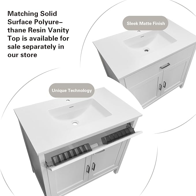 30" White Bathroom Vanity Base Only – Freestanding Solid Wood Sink Cabinet with Tip-Out Drawer, Shaker Style Bath Vanity Cabinet, No Top, 30" W x 21" D x 34.5" H