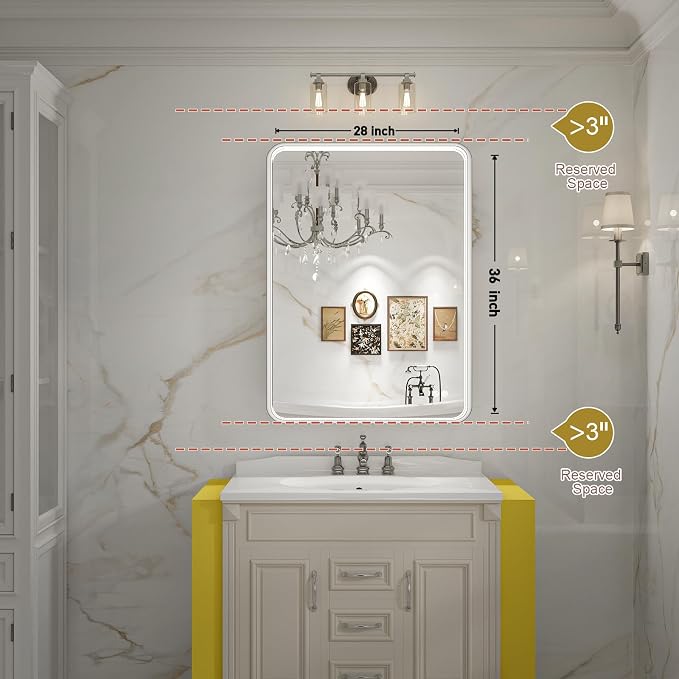 28x36 Inch LED Sliver Frame Bathroom Mirror,ETL Listed | Anti-Fog,3 Color 3000K/4500K/6000K Dimmable,Horizontal & Vertical,Wall Mounted,Memory Function,Ideal for Bathroom,Vanity