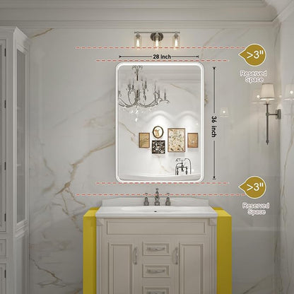 28x36 Inch LED Sliver Frame Bathroom Mirror,ETL Listed | Anti-Fog,3 Color 3000K/4500K/6000K Dimmable,Horizontal & Vertical,Wall Mounted,Memory Function,Ideal for Bathroom,Vanity