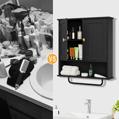 RRX Bathroom Cabinet Wall Mounted Medicine Cabinets with Towels Bar, Over The Toilet Storage Cabinet with 2 Doors and Adjustable Shelf, White Wall Cabinet for Bathroom Laundry Kitchen (Black)