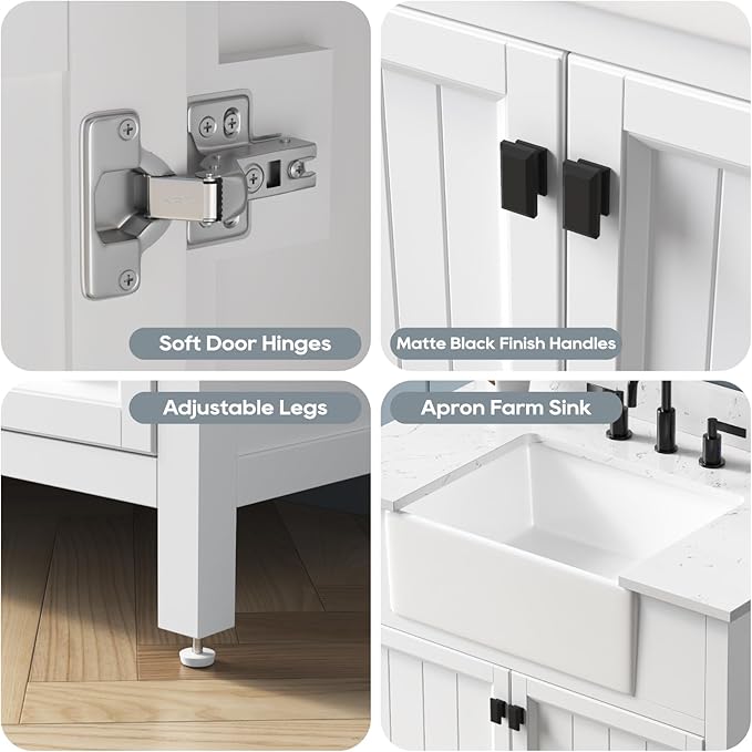 36 Inch Bathroom Vanity With Sink, Solid Wood Frame Single Bathroom Vanity, Modern Storage Cabinet With Soft Closing Doors, Apron Farm Sink, Adjustable Feet, White